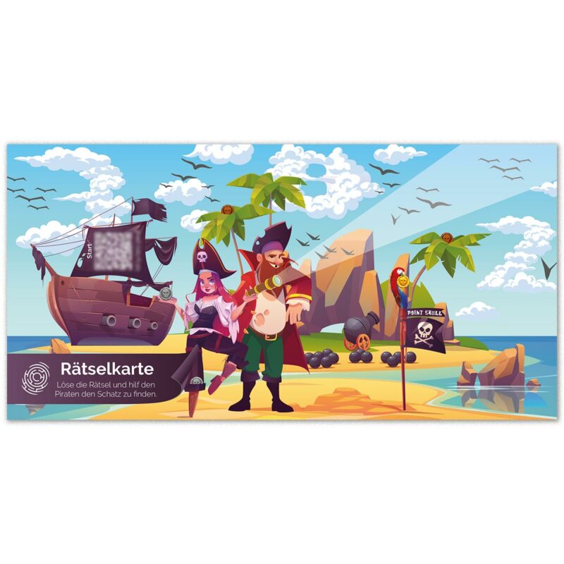 Rätsel Postkarte: Piratenschatz für Kinder Vorderseite
